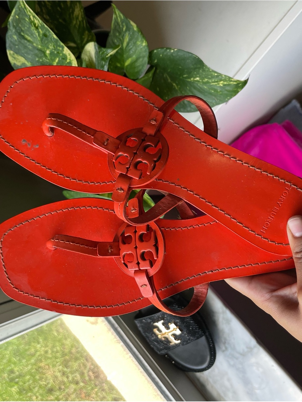 Tory Burch Orange Leather Miller Thong Sandals
